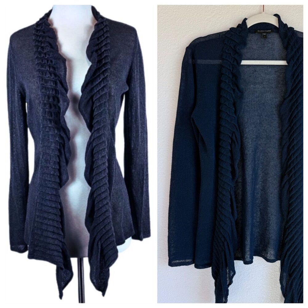 Eileen Fisher Linen Blend Ruffle Sheer Waterfall Long Sleeve Cardigan in Navy S
